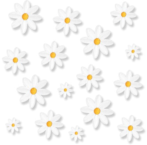 16 Pcs Daisy Flower Iron on Patches 4 Sizes Iron on Patches for Clothes Cute Clothing Embroidered Sew on Applique Patch for DIY Clothes Jeans Bags Hats - White