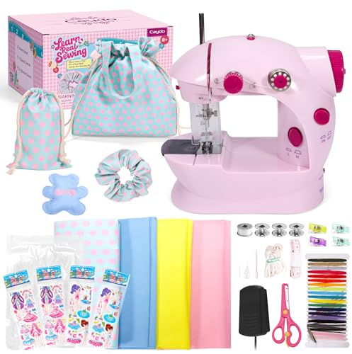Caydo Macchina da Cucire Bambina, Mini Macchina da Cucire a Doppia Velocità per Bambini 8-12 Anni con Kit per Cucire, Tessuto, Pedale e Imbottitura per Corsi di Cucito