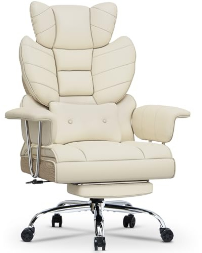 Racingreat Comfy Executive Desk Office Chair with Footrest, Big Tall Adjustable Computer Leather PU Recliner, Home Ergonomic Office Cross Legged Chair, High Back Heavy Duty Beige Work Swivel Chair