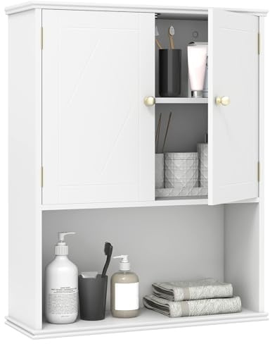 COSTWAY Armoire Murale Salle de Bain, Meuble WC Suspendu avec 2 Portes, Étagère Réglable, Compartiment Ouvert, Style Ferme, Gain de Place, pour Toilette, Buanderie, Cuisine, 21 x 60 x 75 cm (Blanc)