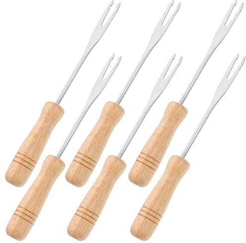 NOLITOY Tenedores de Fondue de 6 Piezas Mango de Madera, Tenedores para Fruta y Helado, Aptos para Ollas Calientes, Utensilios de Cocina para Postres y Aperitivos