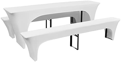 LoogCape Lot de housses pour table et bancs de bière - Blanc - 220 x 50 x 80 cm - Facile d'entretien - Housses extensibles réutilisables pour jardin, fête, mariage, fête, protection, décoration, salle