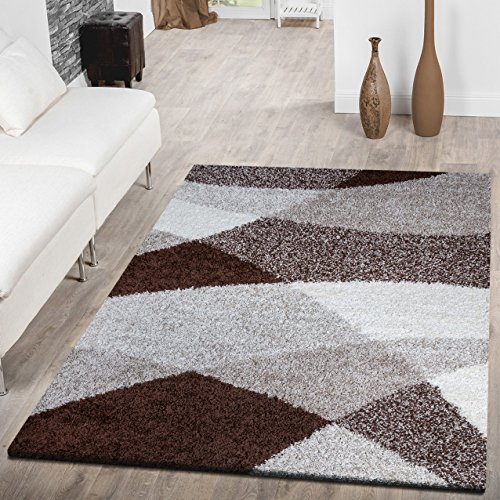 T&T Design Moderner Hochflor Teppich Shaggy Vigo Gemustert in Braun Beige Creme Top Preis!!, Größe:70x250 cm