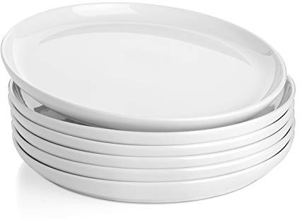 Sweese 10 Inch Porcelain Dinner Plates, White, Set of 6 - Microwave, Oven, Dishwasher Safe, Scratch-Resistant