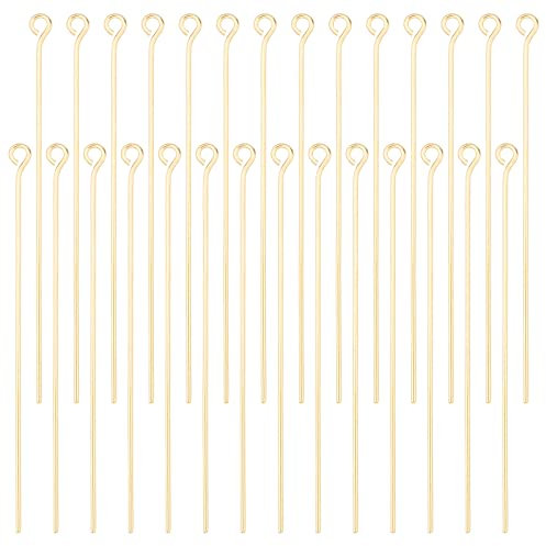 Beebeecraft 100 Stück/Box Offene Ösenstifte 18K Vergoldete Kopfstifte 50 mm Schmuckherstellungszubehör Für Charm Perlen Zum Selbermachen (Bohrung: 1.5 mm)