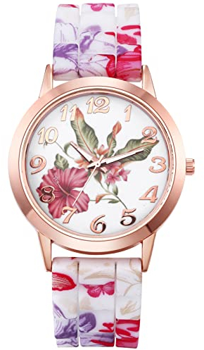 JewelryWe Uhren Damen Analog Quarz Armbanduhr Mode Exquisit Blumen Blumendruck Beiläufige Uhr mit Silikon Armband Muttertagsgeschenk