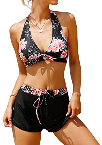 Vancavoo Traje de baño de Mujer de Dos Piezas Push Up Halter Bikini Estampado Cuello de V Bañadores Sexy Bikini y Deportivo de Cintura Alta Shorts Bañador(Negro-Floral,XL)
