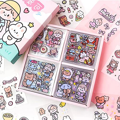 FANNAS Kawaii klistermärken 100 ark mini tecknad flicka klistermärken söt figur klistermärken set scrapbooking PET transparent scrapbook, estetisk för journaling, kalender, gör-det-själv-hantverk