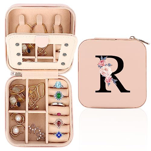 WALLFID Travel Jewellery Box,Alphabet Jewellery Organiser,Portable Jewellery Box,Small Travel Jewellery Storage Case with Mirror,Birthday Gift for Women,Mothers Birthday Valentines Day Gift Ideal(R)