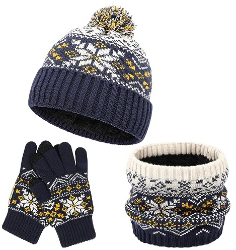 QKURT Ensemble de Bonnets d'hiver pour Enfants, 3 en 1 épaississants, Doux Thermiques Bonnets Tricotés avec Chauffe-cou à Pompons Ensembles d'accessoires pour Gants Magiques pour Garçons et Filles