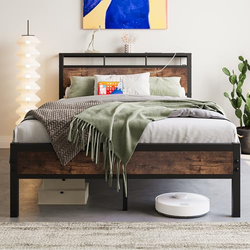 FOUBAM Bett 120x200,Bettgestell aus Metall mit Lattenrost, Metall Bettrahmen mit Holz Kopfteil Regalen,Doppelbett/Einzelbett Bettrahmen Gästebett Jugendbett für Schlafzimmer Gästezimmer, Schwarz