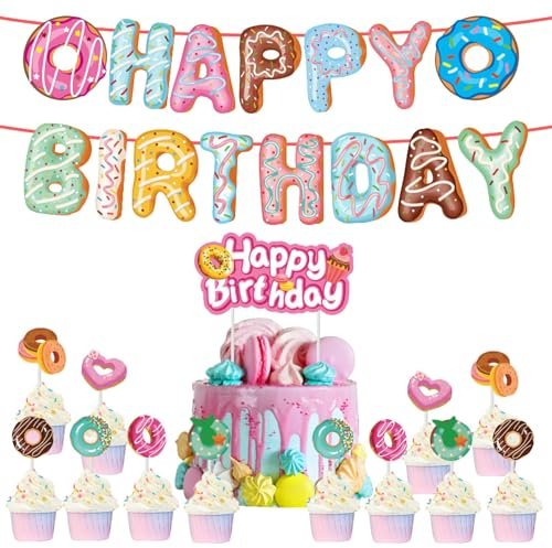 Ciambella Cupcake Toppers,14 PCS Ciambelle Decorazioni per Cupcake e Striscioni,Ciambelle Decorazioni per Torte,Donuts Party Compleanno Supplies per Ragazzi Ragazze Compleanno