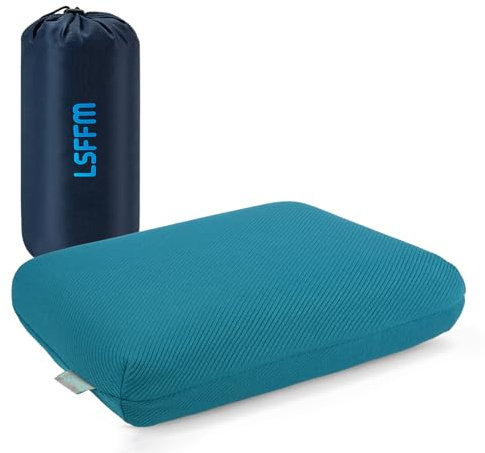 LSFFM Memory Foam Travel Pillow, Camping Pillow for Sleeping with Portable Bag, Easy to Carry, Small Foam Pillows, Double-Layered Pillow Cover (Peacock Blue)