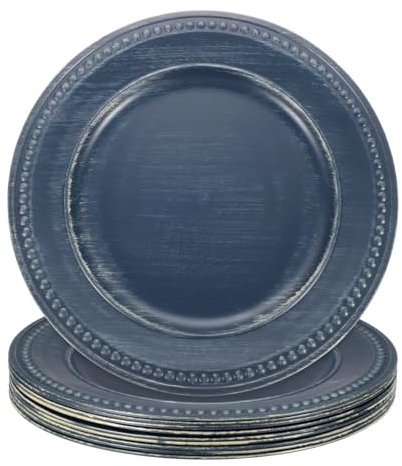 sourcing map Lot de 10 assiettes de présentation vintage en vrac, 33 cm en plastique avec perles pour assiettes plates, chargeur rond pour fête de mariage, événement, décoration de table, bleu foncé