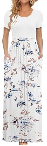 AUSELILY Mujer Verano Vestido Señorita Maxi Vestido de Manga Corta Bolsillo Blanco Flores Blanco M