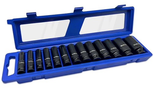 WinHolder 13pcs 1/2 Drive AF Imperial SAE Double Deep Garage 6 Point Deep Impact Sockets SAE AF Imperial Fit 1/2 Drive Ratchets