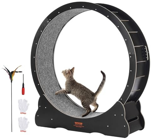 VEVOR Katzenlaufrad aus Holz, 110cm großes Katzenlaufband für Hauskatzen, Katzenlaufrad mit abnehmbarem Teppich & Katzenangel zum Laufen/Gehen/Trainieren, für die meisten Katzen geeignet, Schwarz