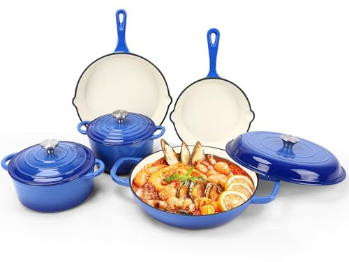 GFTIME Set di pentole in ghisa smaltata, set da 5 pezzi di forni olandesi, padella per salsa, set da forno olandese, padella, 3 coperchi, ghisa rivestita in ceramica, compatibile con gas e induzione,