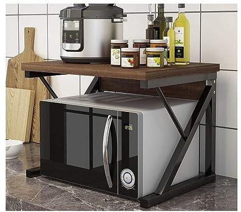 Soporte de 2 niveles para microondas, estante de almacenamiento con marco de acero, estante de cocina para horno microondas, roble + color negro