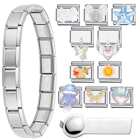 LbsAMP 13 Piezas Juego de Pulseras Dijes Italiano | 1 Italian Charms Pulsera + 10 Módulos Extraíbles + 1 Herramientas de Apertura + 1 Caja Regalo Pulseras Charms de Estilo Italiano Acero Inox