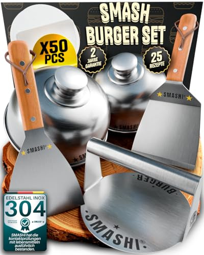 SMASHI® Smash Burger professionell kit i rostfritt stål 304 certifierad EU-kontakt med livsmedelskontakt | Hamburgerpress och spatlar med trähandtag tillbehör | innehåller 25 recept (professionell)