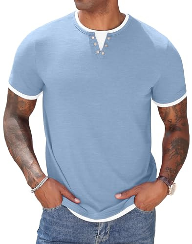 Hisir T-shirt d'été Henley à manches courtes et col rond pour homme - Coupe droite - Décontracté - Couleurs contrastées classiques, bleu pâle, L