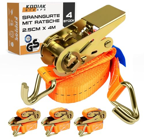 4 Cinghie di Tensione 4m x 1000kg con Cricchetto e Gancio - Cinghie a Cricchetto da 25mm - Cinghia Arancione per la Sicurezza del Carico - Certificato TÜV/GS e secondo DIN EN 12195-2 - KODIAK STRAPS