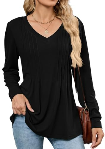 SCHOOLMOON Maglietta Donna Manica Lunga Elegante Scollo a V Tinta Unita Camicia Casual Basic Lunga Blusa Autunno Moda Tunica Tee(Nero,S)