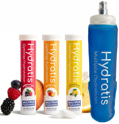 HYDRATIS - Pastilles Hydratation Electrolytes - Mix 3 Parfums Best Sellers + Flasque 500 ml - Améliore l'Hydratation et Favorise l'Énergie - Formule Isotonique - Sport. Récupération (60 Pastilles)