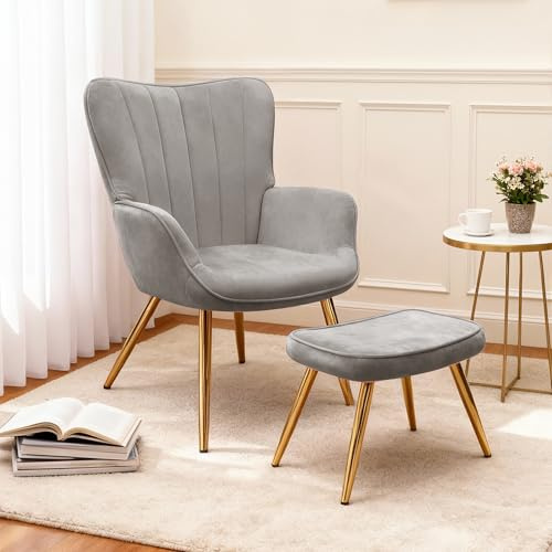 BonVache Modern Armchair with Footstool, Wing Back Accent Chair with Ottoman, Lounge Chair for Living Room Bedroom and Office, Grey