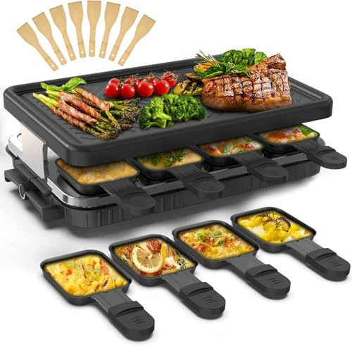 HengBO Griglia per raclette per 8 persone con 8 padellineantiaderenti, piastra grill regolabile senza scatti, elettrica, 1300W, in acciaio inossidabile, nero