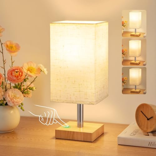 PreeOtti Bedside Lamps, Small Touch Linen Dimmable Table Lamp for Bedroom | UK mains plug, 3-way dim, 3000K warm light, linen shade, bulb included, compact for bedside table, dorm, living room & office