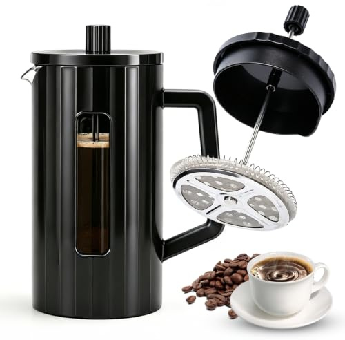 Zinueen French Press 1 liter kaffebryggare, fransk press med filter i rostfritt stål och varmt glas för kallt bröst, diskmaskinssäker, BPA-fri