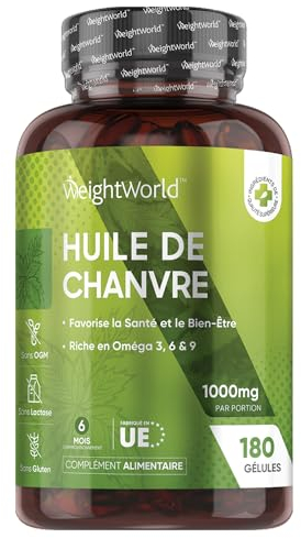 Huile de Chanvre 1000mg, 180 Gélules Pour 6 Mois, Riche en Omega 3 6 9 Avec Acides Gras Essentiels, Omega 3 Vegan Huile Graines de Chanvre Pressées à Froid Avec Vitamine E Sans Arrière Goût