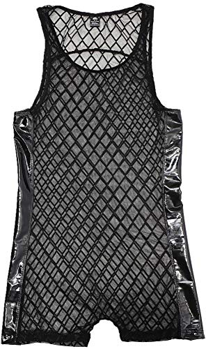 CSMARTE Halbtransparenter Gymnastikanzug für Herren, Unterwäsche, Body, Nachtwäsche, einteilig, Wrestling-Unterhemd, Größe L, Schwarz