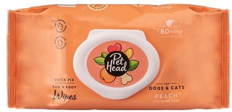 Pet Head Quick Fix Pflegetücher für Hunde und Katzen | Pfirsichduft | Für eine Schnelle und Einfache Auffrischung | Vegan & Tierversuchsfrei | Ideal für Haustiere aller Größen | 80 Stück