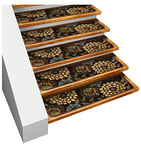 House, Home and More Set of 15 Skid-Resistant Carpet Stair Treads – Floral Bloom – Classic Brown – 8 Inches X 26 Inches
