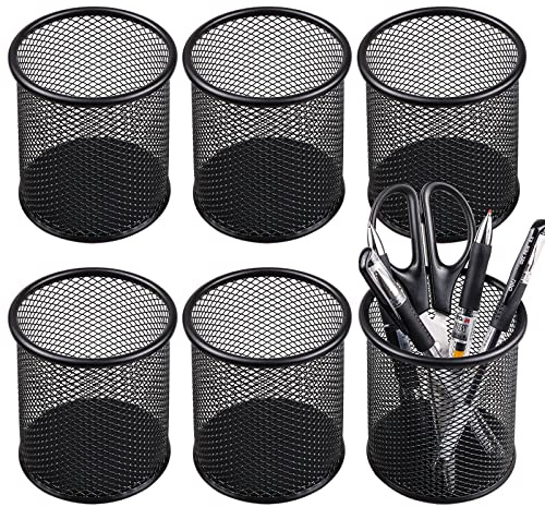 QYH Mesh Pen Cup Metal Pencil Holder for Desk 6 Packs Black Pen Organizer Office 3.54x3.93 Inch