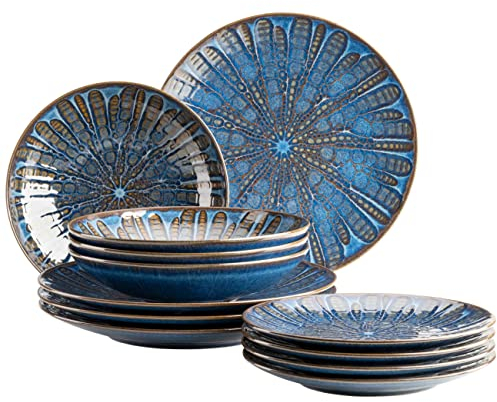 MÄSER 935074 Aquamarine, Aufregend lasiertes Teller Set für 4 Personen mit Speiseteller, Suppenteller und Dessertteller, 12-teiliges Tafelservice aus hochwertiger Keramik, Steinzeug, Blau
