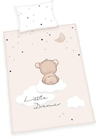 Herding Little Dreamer Bettwäsche-Set, MADE IN GREEN by OEKO TEX, Kopfkissenbezug 40 x 60 cm mit Hoteleinschlag, Bettbezug 100 x 135 cm mit leichtläufigem Reißverschluss, 100% Baumwolle/Renforcé, Weiß/Beige