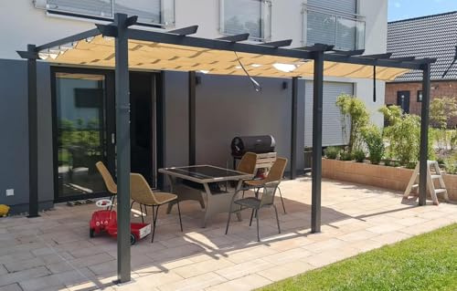 PURPLE LEAF Pergola Aluminium 5,5 x 3,5 m UPF 50+ Toit Coulissant, Kaki | Grande surface ombragée, Tissu teint en fil 180 g/m², Pergola Jardin Extérieur, Nettoyage Simplifié, Pour 8 à 10 personnes