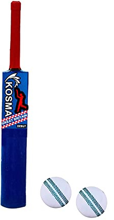 Kosma Kwik Cricket Bat med bollar och bärväska | Crazy Cricket Bat No 5 (30 tum) med 2 x cricketövningsbollar och en bärväska | cricketcoachningsutrustning | röd och kungsblå färg