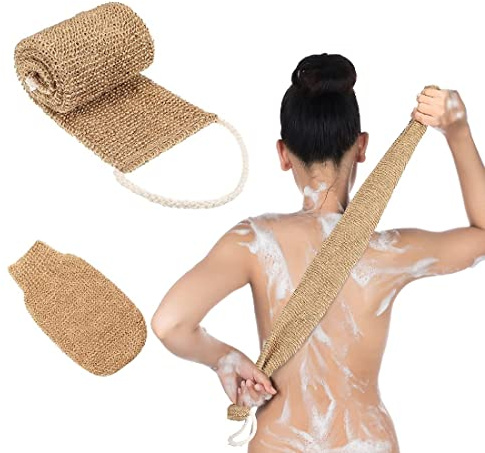 2 piezas de yute para ducha, yute, espalda, exfoliación corporal, masaje de espalda y masaje seco, para hombres y mujeres (cinta + guantes)
