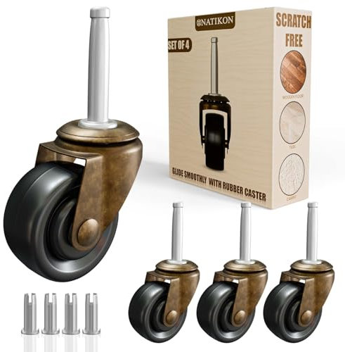 Antique Brass Casters with Rubber Wheels 1-5/8 Stem Caster Replacement for Chairs, Sofa, Dresser | Vintage Furniture Rollers for Hardwood Floor Set of 4