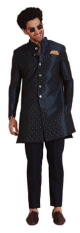 KISAH Men's Sherwani Set with Trouser – Embellished Silk Blend Jacquard Ethnic Set with Mandarin Collar – Indian Wedding & Festive Wear for Diwali, Eid & Celebrations, Turquoise, 44