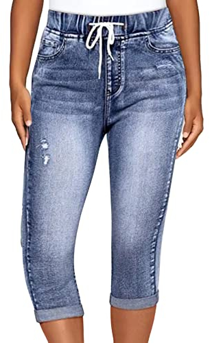3/4 Hose Damen Jeans -Capri Hosen Damen Sommer-Sommerhose Damen Leicht Jeans Damen 7/8 Länge Wickelhose mit Spitze Casual Jeanshose Knielang Sweathose Caprihose mit Tunnelzug Lässige Stoffhose