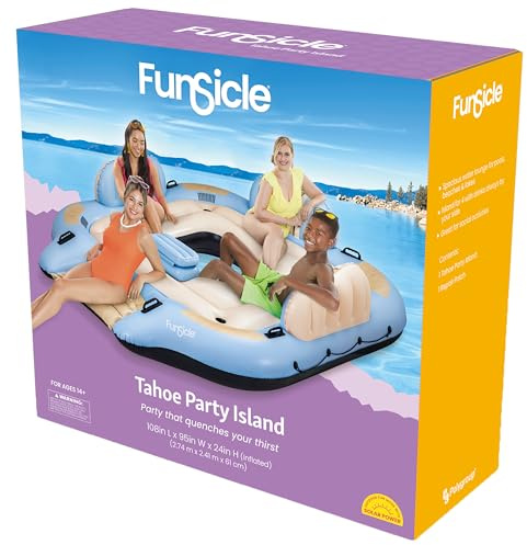 Funsicle: Tahoe Party Island - 9 Foot Inflatable Pool & Water Float, 4 Person Seating, 108x95x24, Lake & Beach, Built-in Cooler & Cup Holders