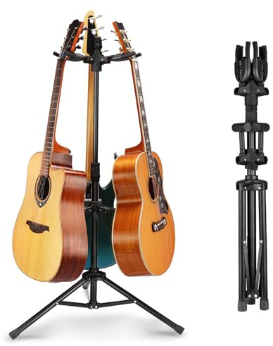 GUITTO Triple Guitar Stand - Heavy Duty 3 Guitar Stand for Acoustic/Electric/Bass/Banjos, Auto-Lock Folding Design, Non-Slip Base & Anti-Rust - Portable for Stage/Travel/Studio GGS-06T