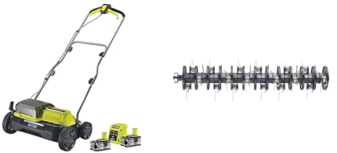 Ryobi Scarificateur 2 x 18V LithiumPlus Fusion Brushless - Diamètre 35 cm - 55L - 2 Batteries 4.0 Ah - 1 Chargeur Rapide RY18SFX35A-240 & Rouleau aérateur pour scarificateur AC/DC RAC821-35 cm