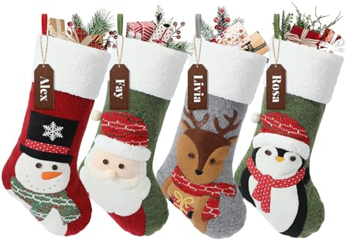 NIBESSER Set di 4 calze di Babbo Natale grandi da riempire, calze di Natale, sacchetti regalo per albero di Natale, decorazione natalizia